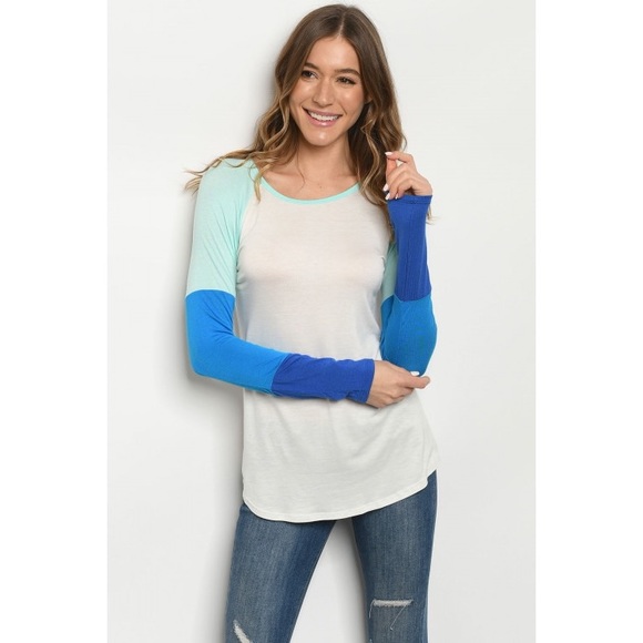 Ivory and Blue Long sleeve color block Tee - Picture 2 of 4